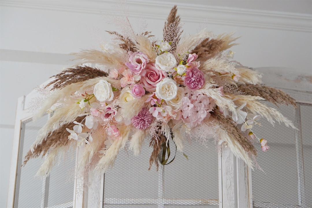 Pampas Flower Arch Arrangement, Boho Wedding Decor, White, Pink
