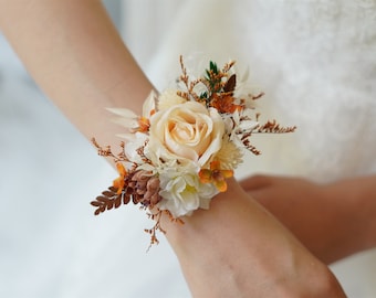 Champagne Preserved Flower Corsage: Rustic Wedding Wrist Bracelet
