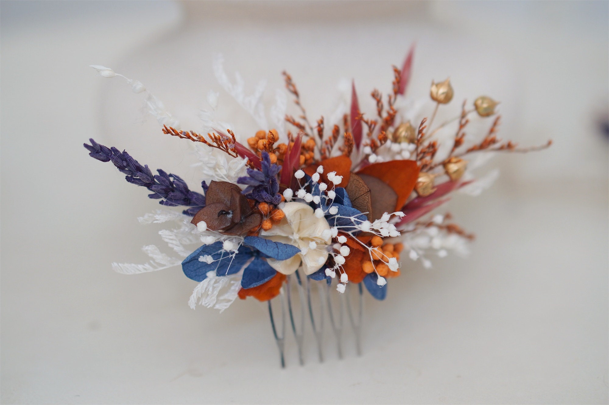 89 Dried flower comb /フラワーコーム青紫 × オレンジ