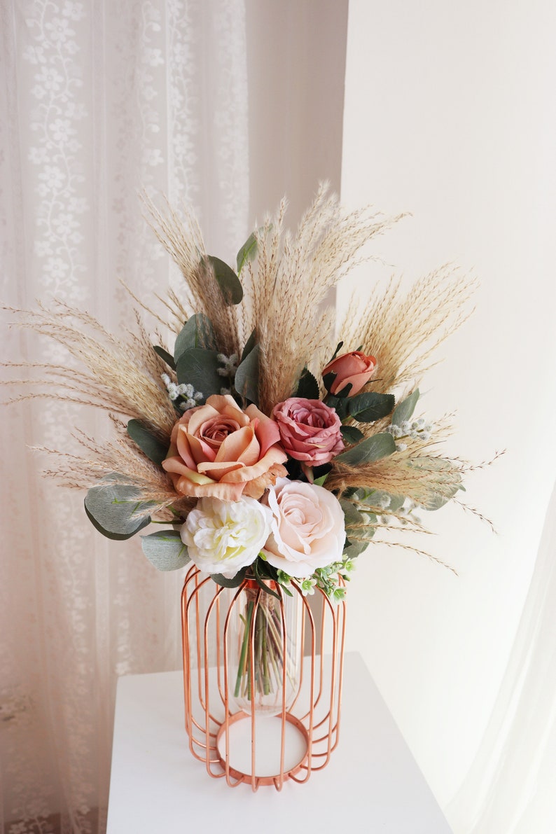 Rustic boho Wedding Bouquet,Artificial Faux Flowers Home Wedding Decor,bridal bridesmaids bouquets,Pampas grass bouquet image 2