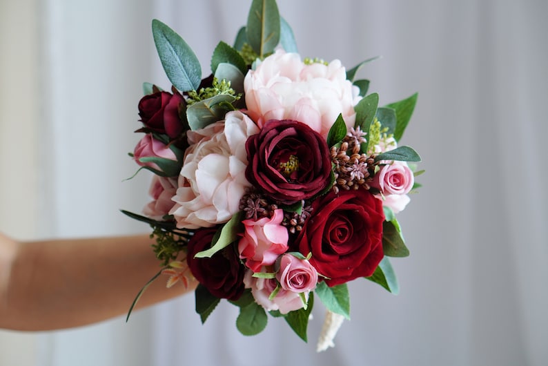 Red pink silk Rose peony Bridal bouquet,wedding bouquet, wedding flowers ,bridesmaid wedding flowers, rustic boho wedding Bridesmaid-8"