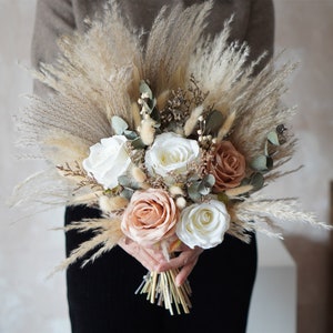 Beige Pampas Bridal bouquet ,Artificial  flowers,Eucalyptus leaves boho wedding bouquet, bridesmaid bouquets