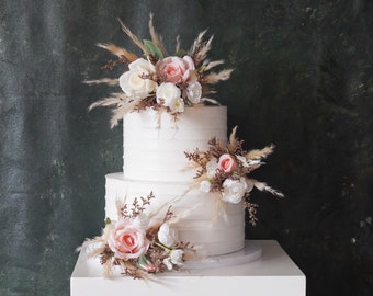 Floral Wedding Cake Topper Set: Silk Rose & Pampas Flowers