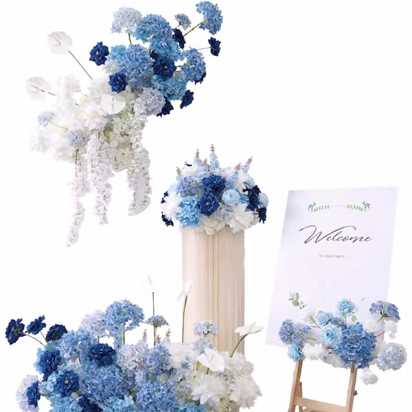 Blue and White Floral Set Wedding Archway Flower, Wall Hanging/Floor Row / Flower Ball, Display Board Flower, Wedding archway