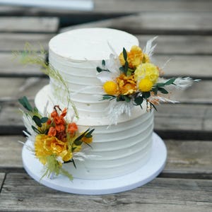 A Set of Two Wedding Cake Topper, Yellow Dried flowers Floral Cake Decoration, Preserved flowers Rustic Wedding, Boho Wedding