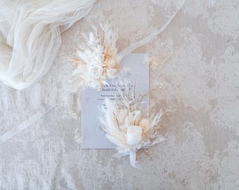 White Pampas  Wedding Corsage & Boutonniere Set, Dried Flowers , Preserved White Rose, Wedding  accessories