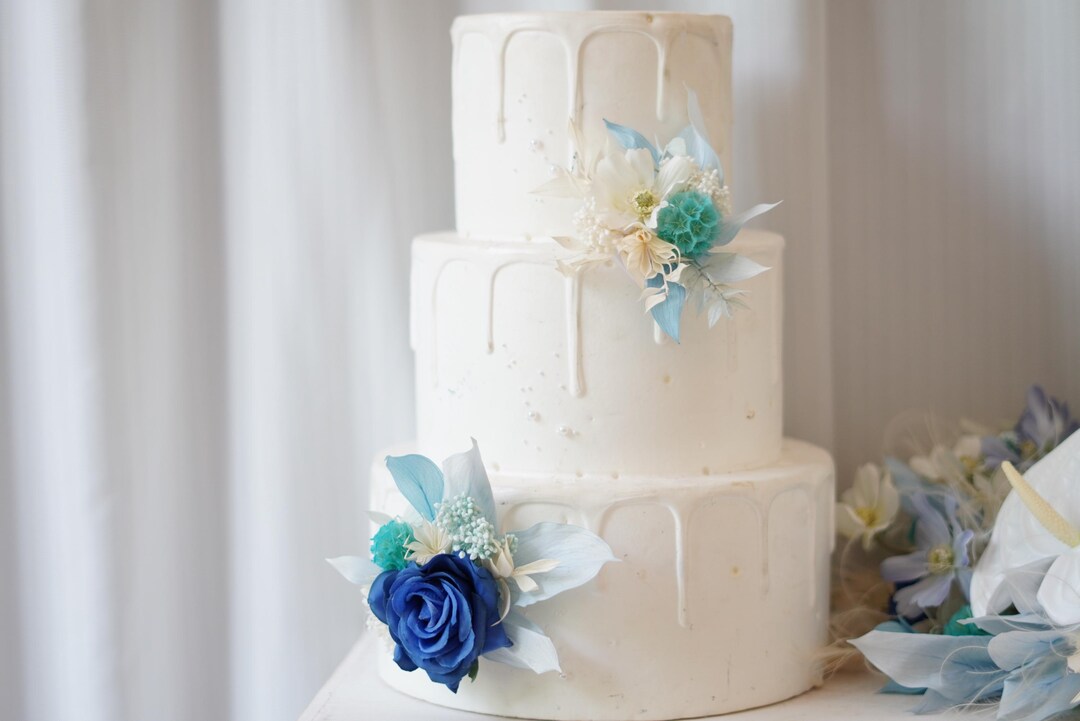 Blue Floral Wedding Cake Topper Set: Rustic Boho Decoration - Etsy