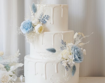 Floral Wedding Cake Topper Set: White & Blue Preserved Flowers