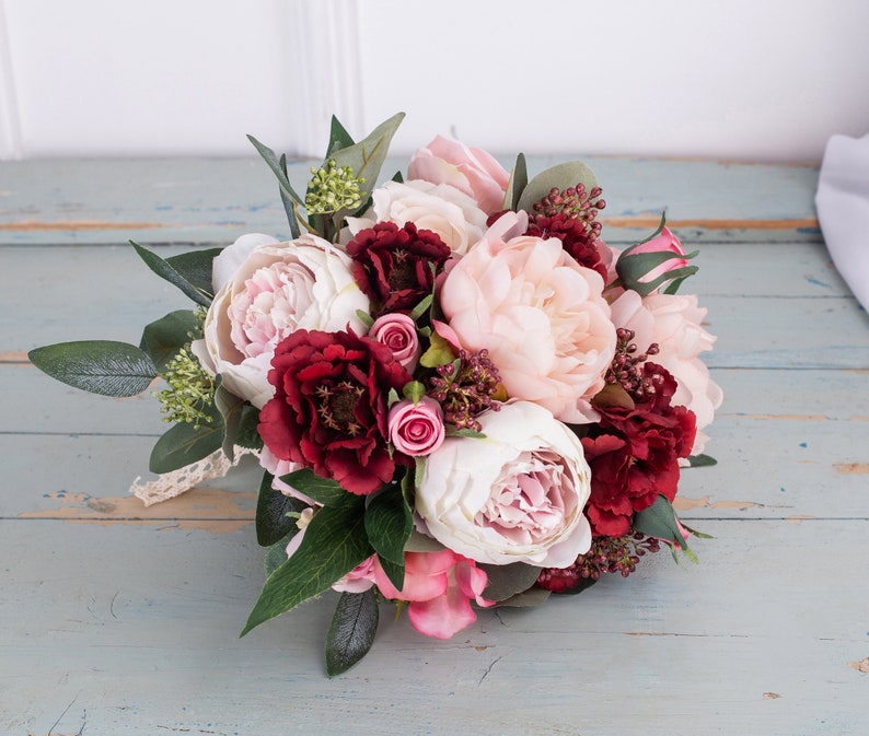 Red pink silk Rose peony Bridal bouquet,wedding bouquet, wedding flowers ,bridesmaid wedding flowers, rustic boho wedding image 5