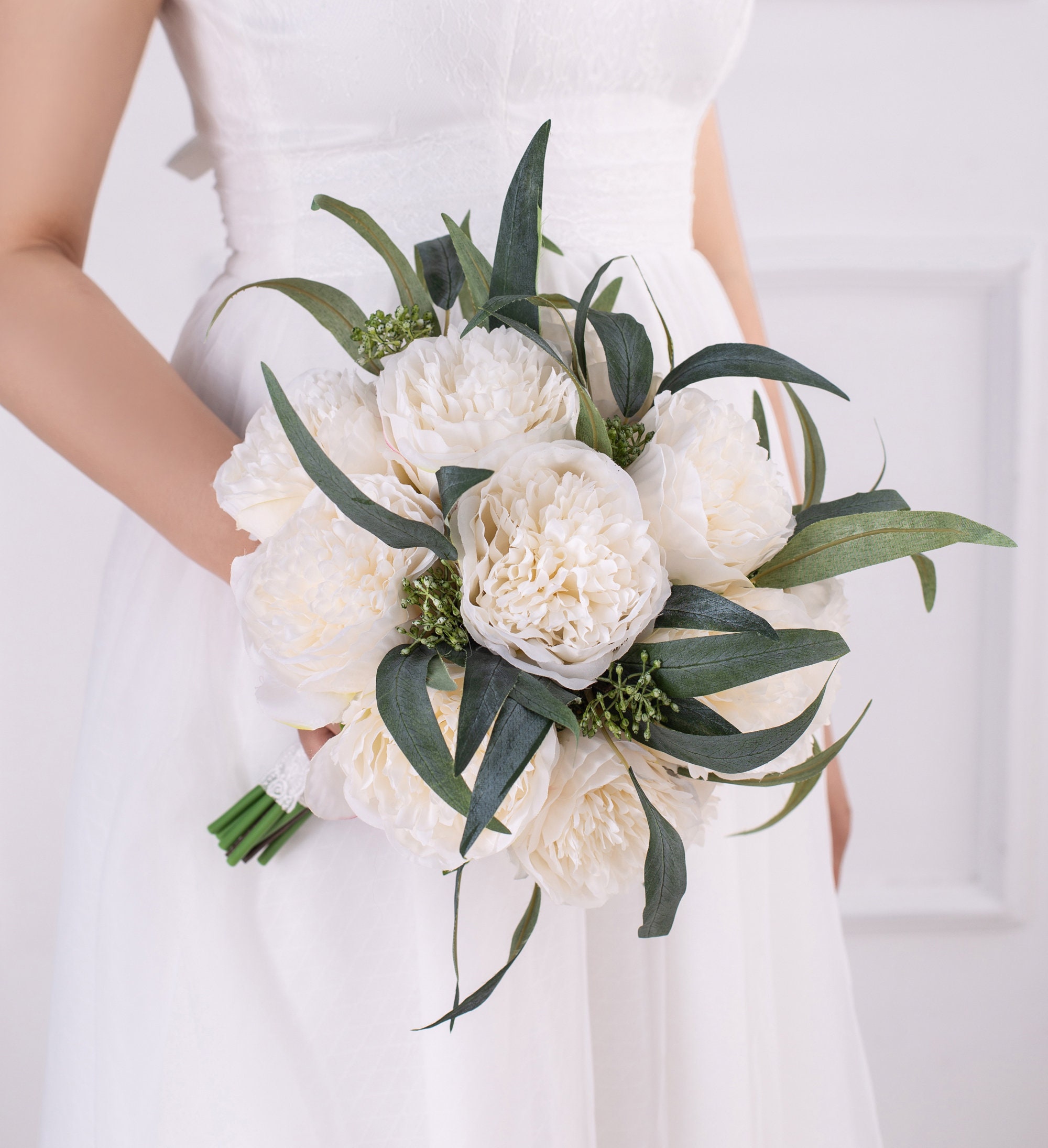 White Silk Rose Peony Bridal Bouquetwedding Bouquet Wedding Etsy UK
