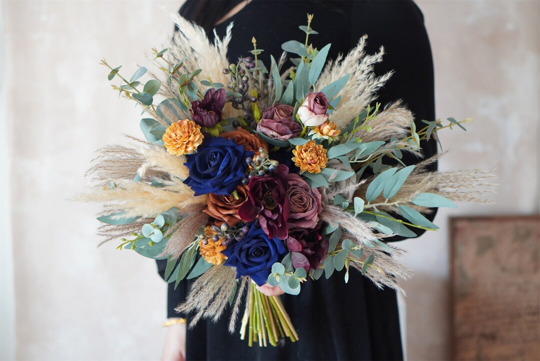 Navy Blue Rose Bouquet, Artificial Flowers Bouquet, Green Leaf Pampas ...