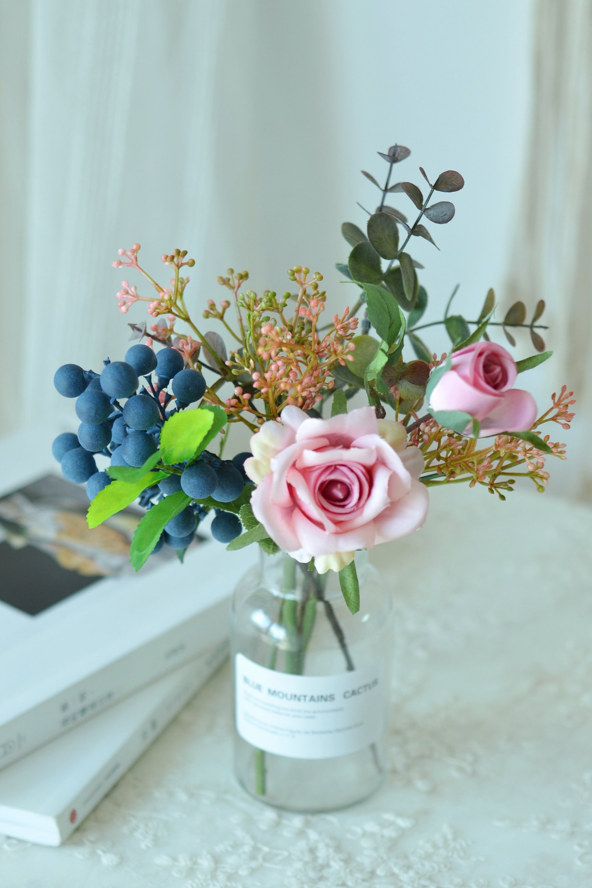 Silk Flower Arrangement in Small Glass Vase Pink Rose Floral Etsy UK