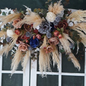 Boho Wedding Arch Arrangement: Rust, White & Blue Faux Flowers
