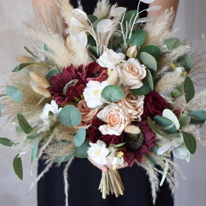 Rustic boho Wedding Bouquet,Artificial Faux Flowers Sunflower Rose Home Wedding Decor,bridal bridesmaids bouquets,Pampas grass bouquet image 1