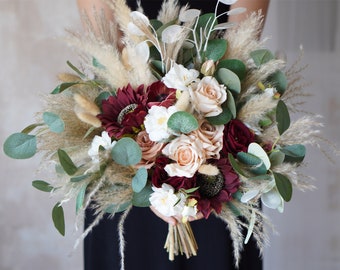 Rustic boho Wedding Bouquet,Artificial Faux Flowers Sunflower Rose Home Wedding Decor,bridal bridesmaids bouquets,Pampas grass bouquet