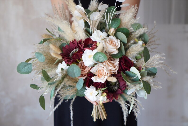 Rustic boho Wedding Bouquet,Artificial Faux Flowers Sunflower Rose Home Wedding Decor,bridal bridesmaids bouquets,Pampas grass bouquet image 1