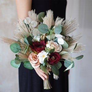 Rustic boho Wedding Bouquet,Artificial Faux Flowers Sunflower Rose Home Wedding Decor,bridal bridesmaids bouquets,Pampas grass bouquet 9 inches