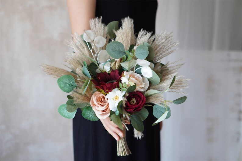 Rustic boho Wedding Bouquet,Artificial Faux Flowers Sunflower Rose Home Wedding Decor,bridal bridesmaids bouquets,Pampas grass bouquet 9 inches