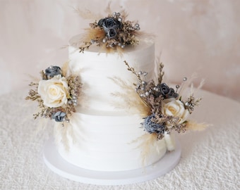 Pampas Cake Flowers: Grey Blue & Silver Wedding Topper Set