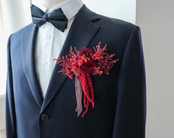 Burgundy  Pocket Boutonniere: Groom & Groomsmen Wedding Accessory
