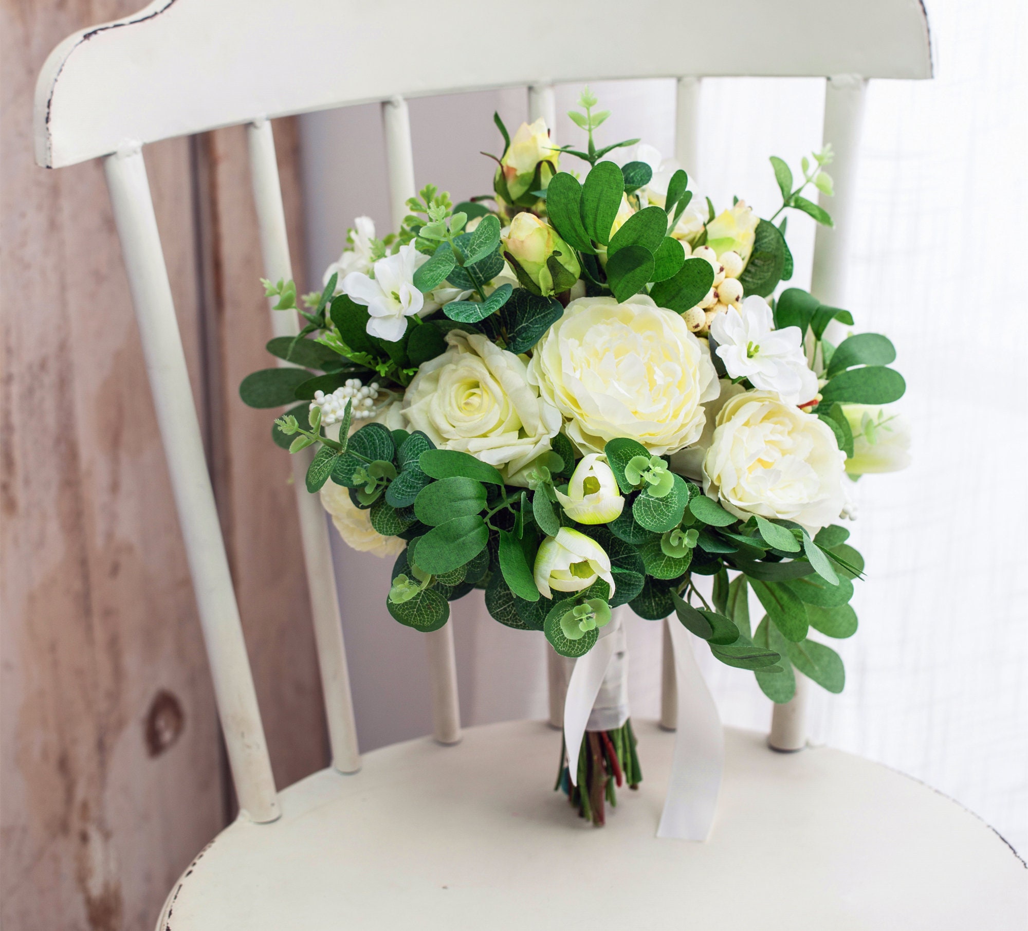 White Green Silk Rose Greenery Bridal Bouquetwedding Bouquet Etsy