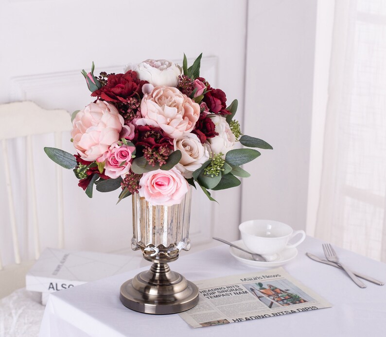 Red Pink Silk Rose Peony Bridal Bouquetwedding Bouquet - Etsy