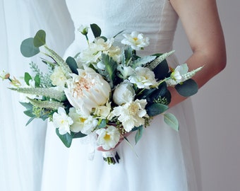 White Greenary Silk Rose Protea Peony Bridal Bouquet, Wedding Bouquet, Wedding Flowers ,Brides maid Wedding Flowers,Rustic boho wedding