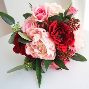 Red ,pink white silk Rose Bridal bouquet,wedding bouquet, wedding flowers ,bridesmaid wedding flowers, rustic boho wedding
