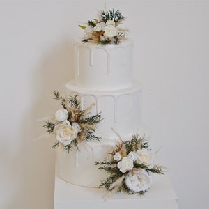 A Set Wedding Cake Topper, White Floral Cake Decoration, Cake Topper Flowers,Gold,Green leaves Cake Flowers, Rustic Wedding, Boho Wedding