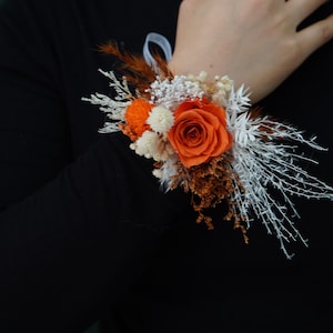 Dried flower corsage ,Neutral wrist corsage,Orange flowers,Rustic wedding bracelet corsage ladies corsage