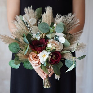 Rustic boho Wedding Bouquet,Artificial Faux Flowers Sunflower Rose Home Wedding Decor,bridal bridesmaids bouquets,Pampas grass bouquet image 7