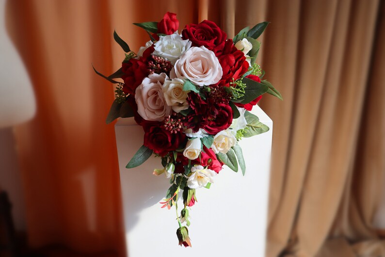 Cascading Red White Silk Rose Greenery Bridal Bouquet Wedding Bouquet ...