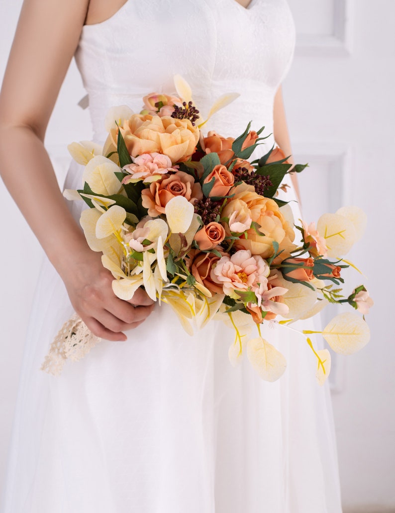 Orange white silk Rose peony Bridal bouquet, wedding bouquet, wedding flowers, Bridesmaid wedding flowers, Rustic boho wedding image 4