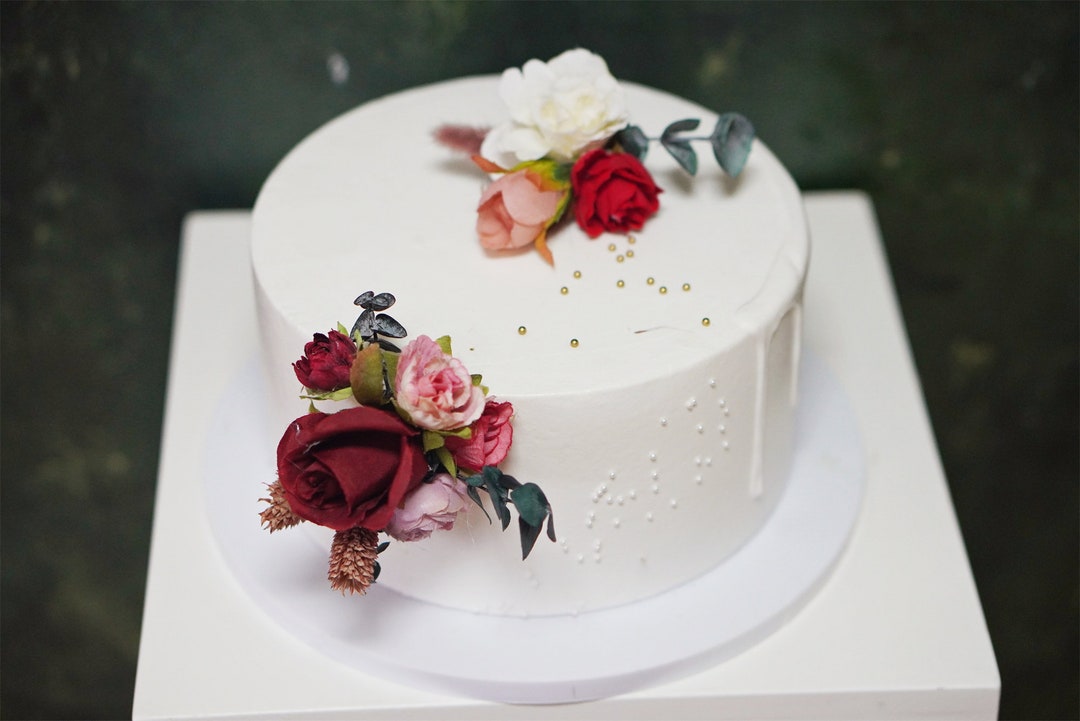 A Set Wedding Cake Topper, Burgundy Silk Rose Cake Decoration, Cake