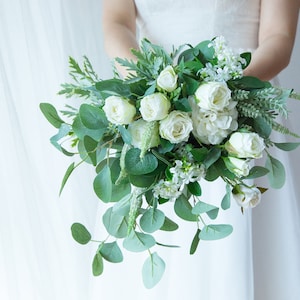 white green silk Rose greenery Bridal bouquet,wedding bouquet, wedding flowers ,bridesmaid wedding flowers, rustic boho wedding