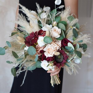 Rustic boho Wedding Bouquet,Artificial Faux Flowers Sunflower Rose Home Wedding Decor,bridal bridesmaids bouquets,Pampas grass bouquet image 5