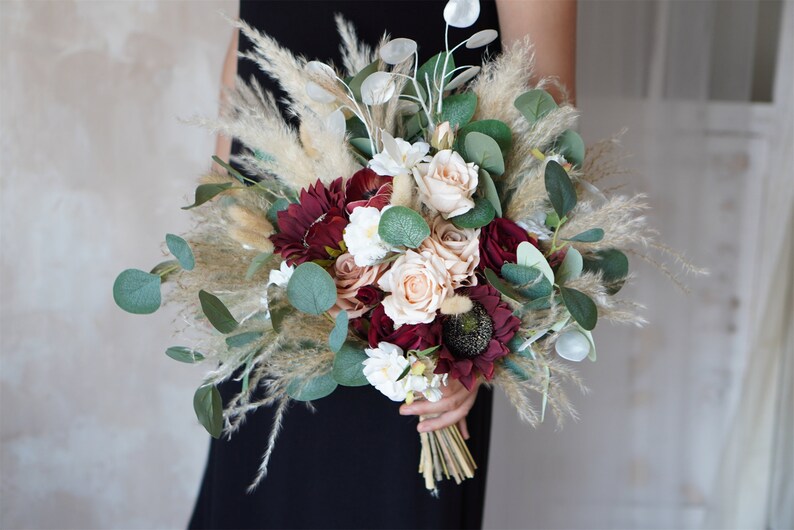 Rustic boho Wedding Bouquet,Artificial Faux Flowers Sunflower Rose Home Wedding Decor,bridal bridesmaids bouquets,Pampas grass bouquet image 5