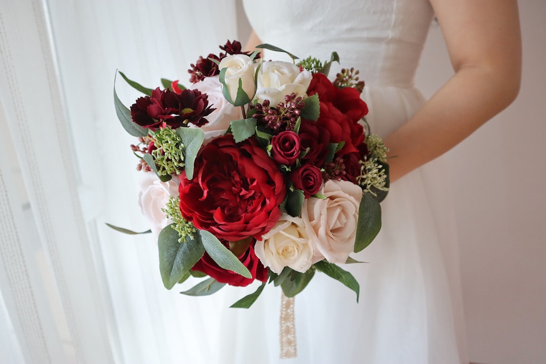 Red White Silk Rose Peony Bridal Bouquet, Wedding Bouquet, Wedding ...