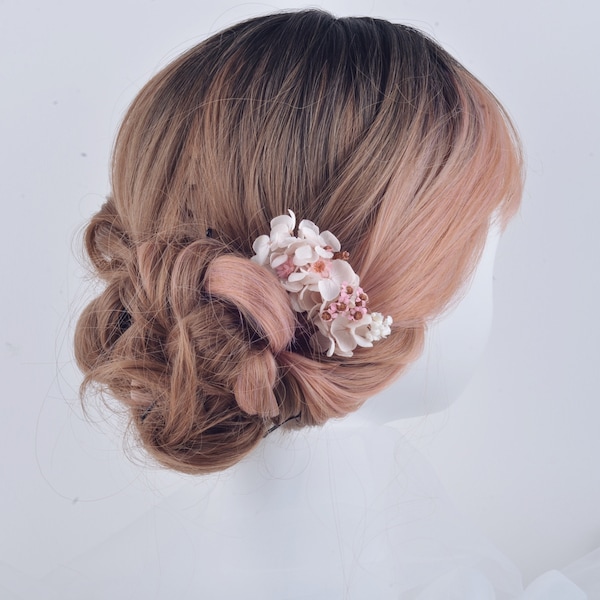 Echte Blume Daisy Hortensie Haarkamm, Rosa Hortensie Kamm Clip, Boho Floral Braut, Brautjungfer kanzashi für Hochzeit