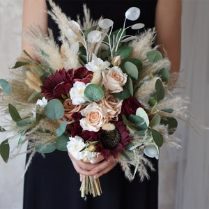 Rustic boho Wedding Bouquet,Artificial Faux Flowers Sunflower Rose Home Wedding Decor,bridal bridesmaids bouquets,Pampas grass bouquet 12 inches