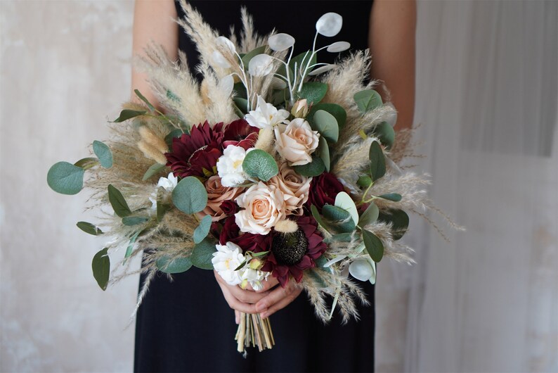 Rustic boho Wedding Bouquet,Artificial Faux Flowers Sunflower Rose Home Wedding Decor,bridal bridesmaids bouquets,Pampas grass bouquet 12 inches