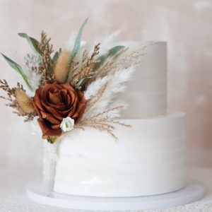 Terracotta Rose Wedding Cake Topper: Boho Pampas Floral Decoration
