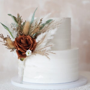 Wedding Cake Topper, Terracotta Roses Floral Cake Decoration, Cake Topper ,Pampas Cake flowers, Boho Wedding