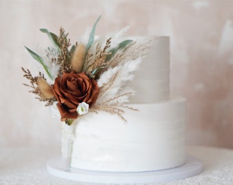 Terracotta Rose Wedding Cake Topper: Boho Pampas Floral Decoration