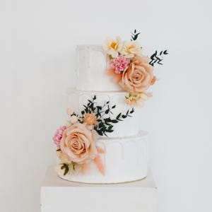 A Set of Two Wedding Cake Topper,,Pink  Artificial flowers,Preserved Green Eucalyptus,Cake Decoration, Wedding cake arrangement