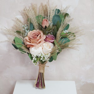 Rustic boho Wedding Bouquet,Artificial Faux Flowers Home Wedding Decor,bridal bridesmaids bouquets,Pampas grass bouquet 9 inches