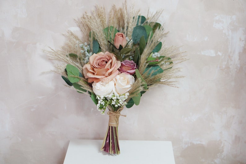 Rustic boho Wedding Bouquet,Artificial Faux Flowers Home Wedding Decor,bridal bridesmaids bouquets,Pampas grass bouquet 9 inches