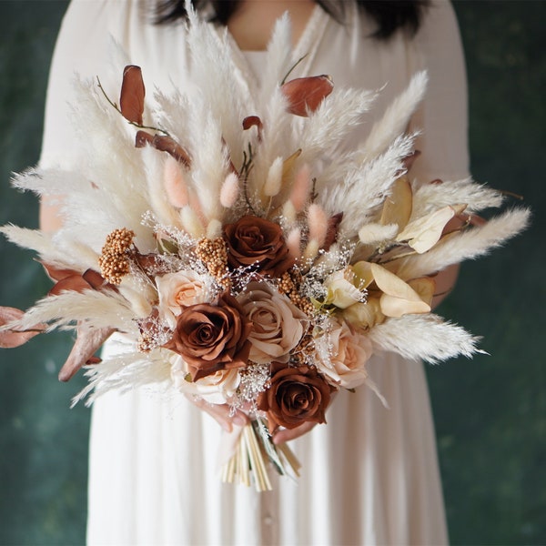 Rustic boho Wedding Bouquet , Baby's breath,  Terracotta Rose, Bridal Bridesmaids bouquets, Pampas grass bouquet