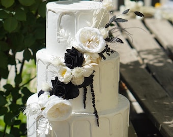 Black & White Silk Flower Wedding Cake Topper: Rustic Boho Decoration