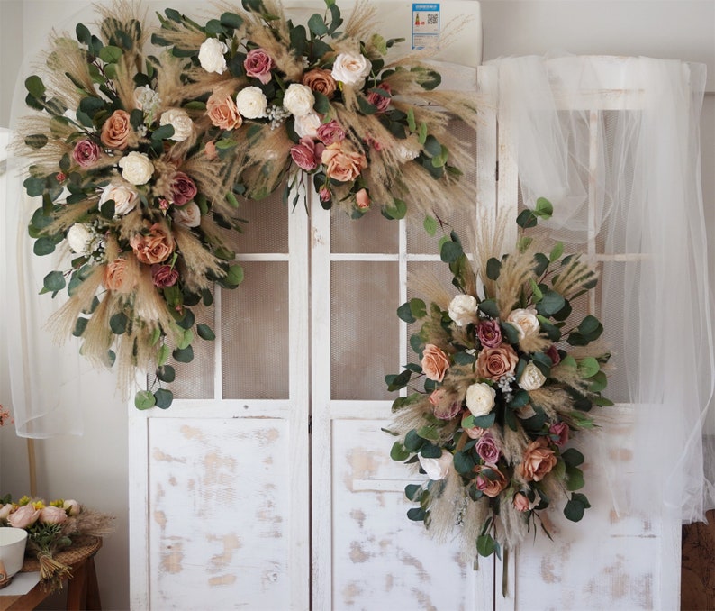 Rustic boho Wedding Bouquet,Artificial Faux Flowers Home Wedding Decor,bridal bridesmaids bouquets,Pampas grass bouquet Archway flowers inches